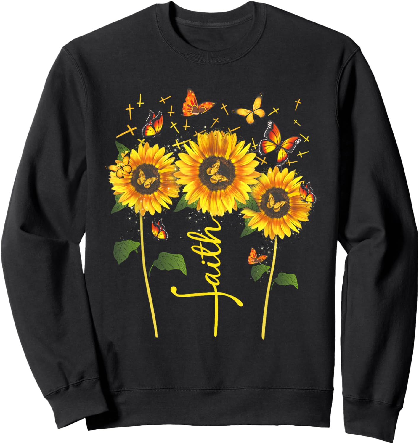 Vintage Faith Cross Sunflower Butterflies Flowers Christians Sweatshirt - Sweatshirt | Black