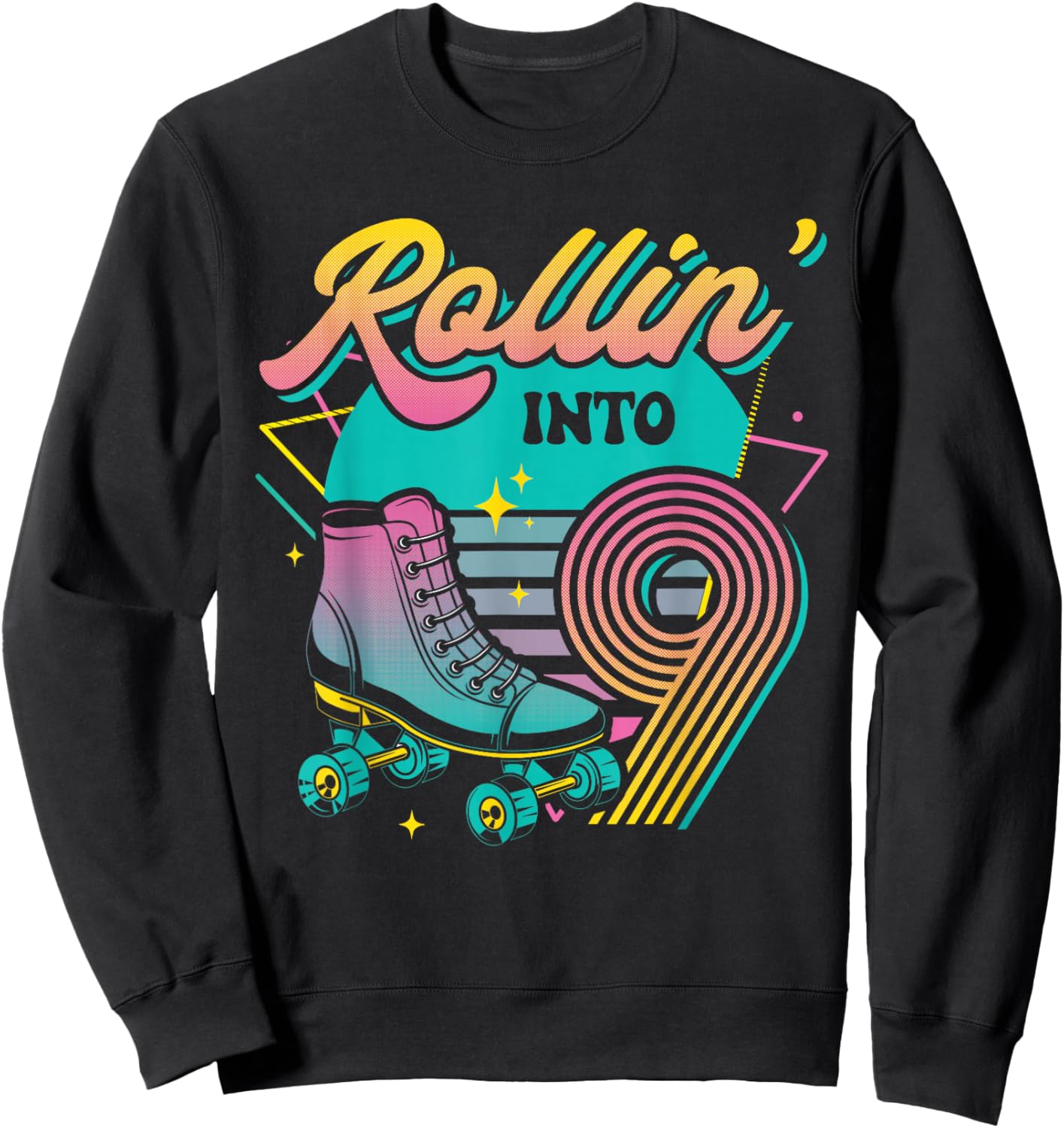 Roller Skate 9th Birthday Party Rolling into 9 Retro Girl Sweatshirt - Sweatshirt | Black