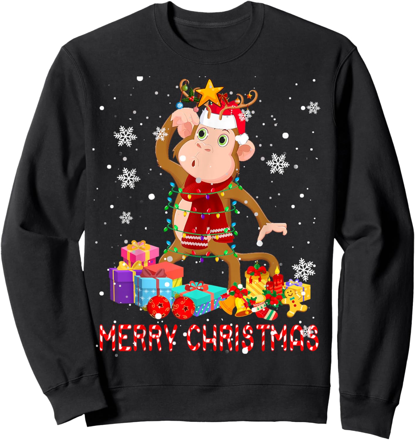 Merry Christmas Cute Christmas Lights Santa Reindeer Monkey Sweatshirt - Sweatshirt | Black