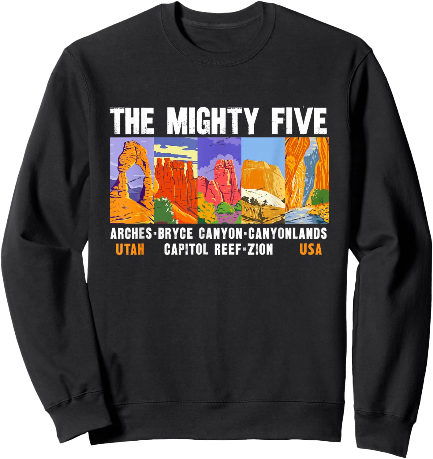 Mighty Five Utah National Parks Distressed Vintage Sweatshirt - Sweatshirt | Black