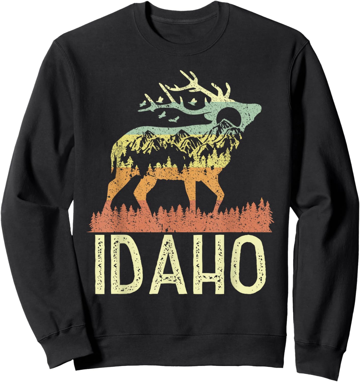 Idaho Retro Mountain Vintage Elk Hiking Men Women Kids Gift Sweatshirt - Sweatshirt | Black