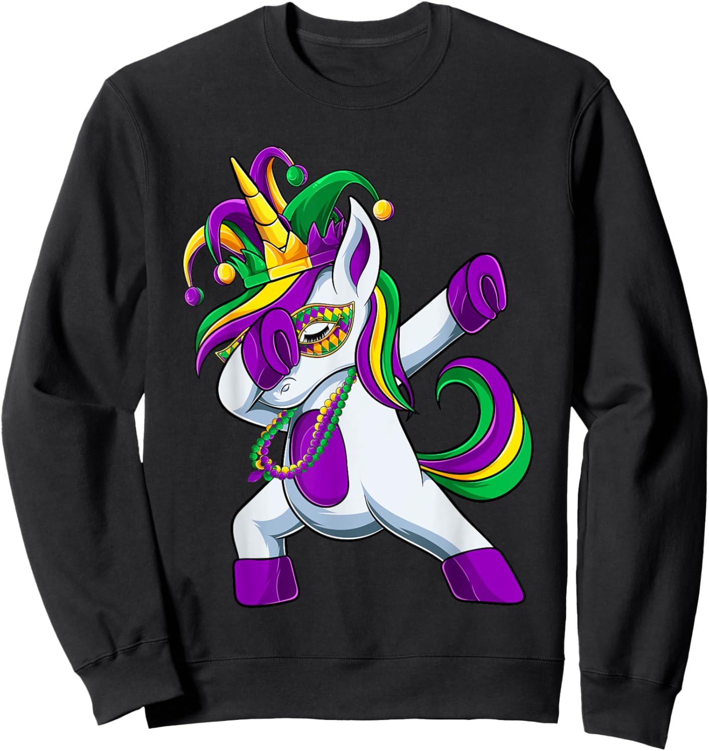 Dabbing Jester Unicorn Mardi Gras Shirt, Kids Girls Sweatshirt - Sweatshirt | Black