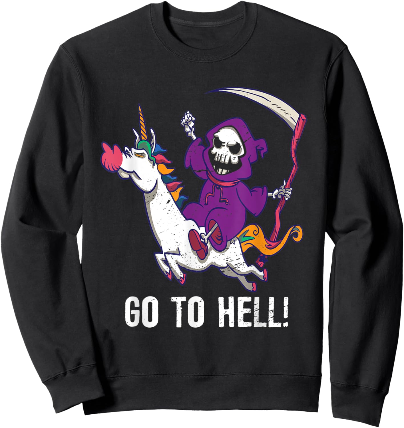 Go To Hell Spooky Grim Reaper Riding A Unicorn Skeleton Sweatshirt - Sweatshirt | Black