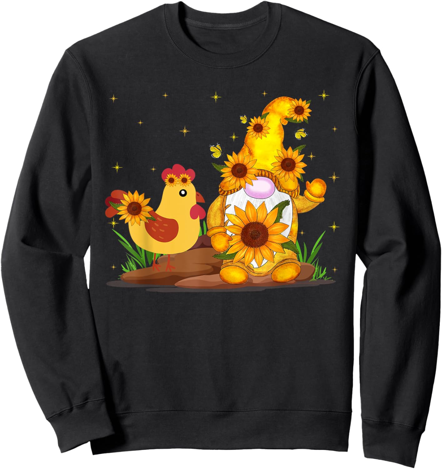 Cute Gnome And Chicken Sunflower Funny Gnome Chicken Farmer Sweatshirt - Sweatshirt | Black