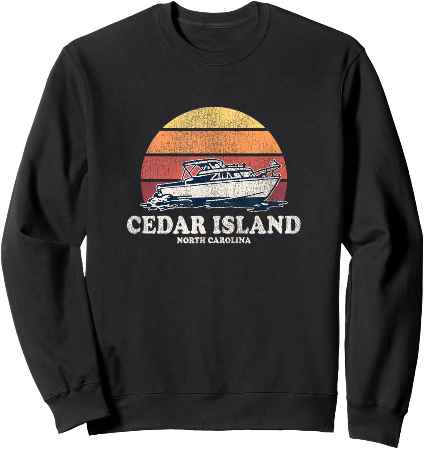 Cedar Island NC Vintage Boating 70s Retro Boat Design Sweatshirt - Sweatshirt | Black
