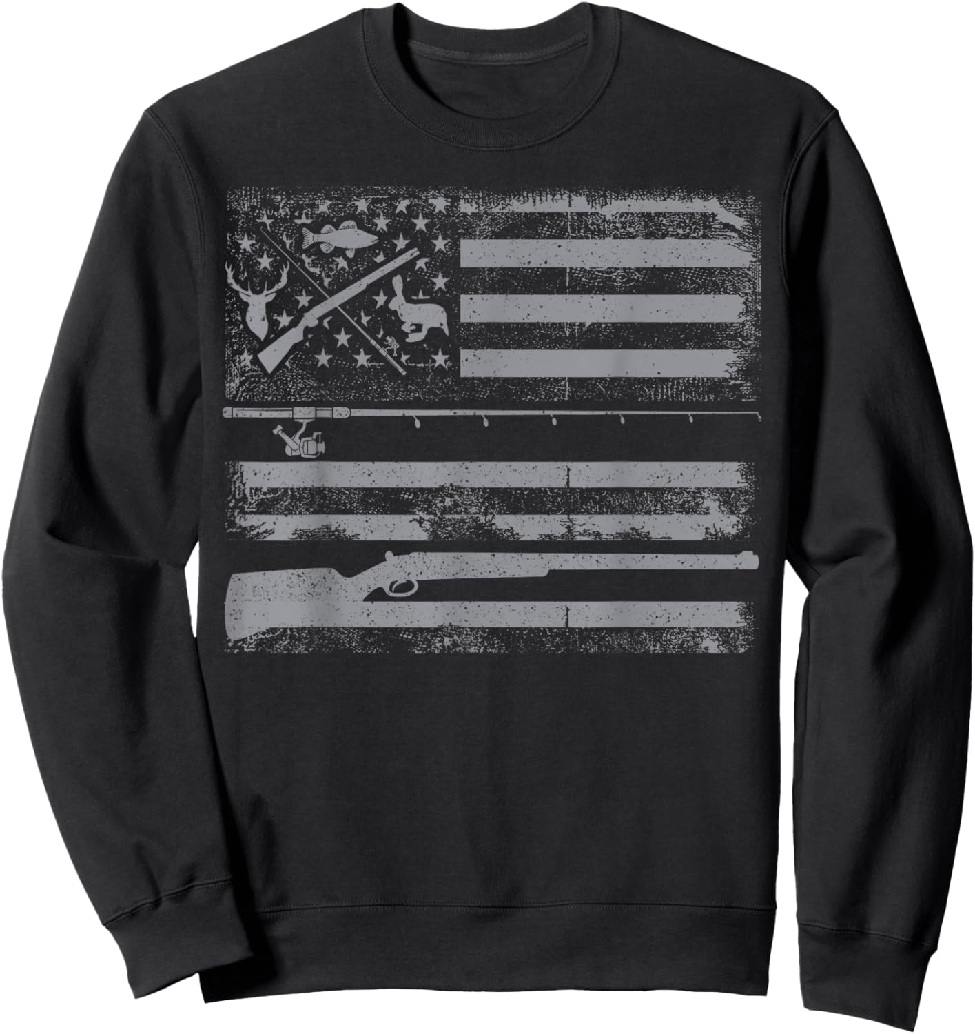 Hunting Rifle and Fishing Rod American Flag Gun Hunt Fish Sweatshirt - Sweatshirt | Black