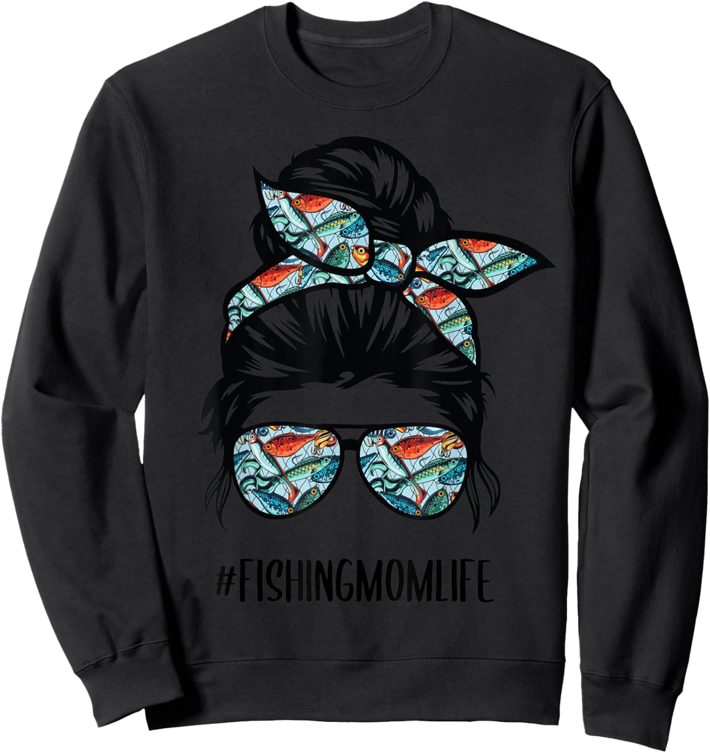 Fishing mom life Messy Bun Mom Funny Fishing Mom Sweatshirt - Sweatshirt | Black