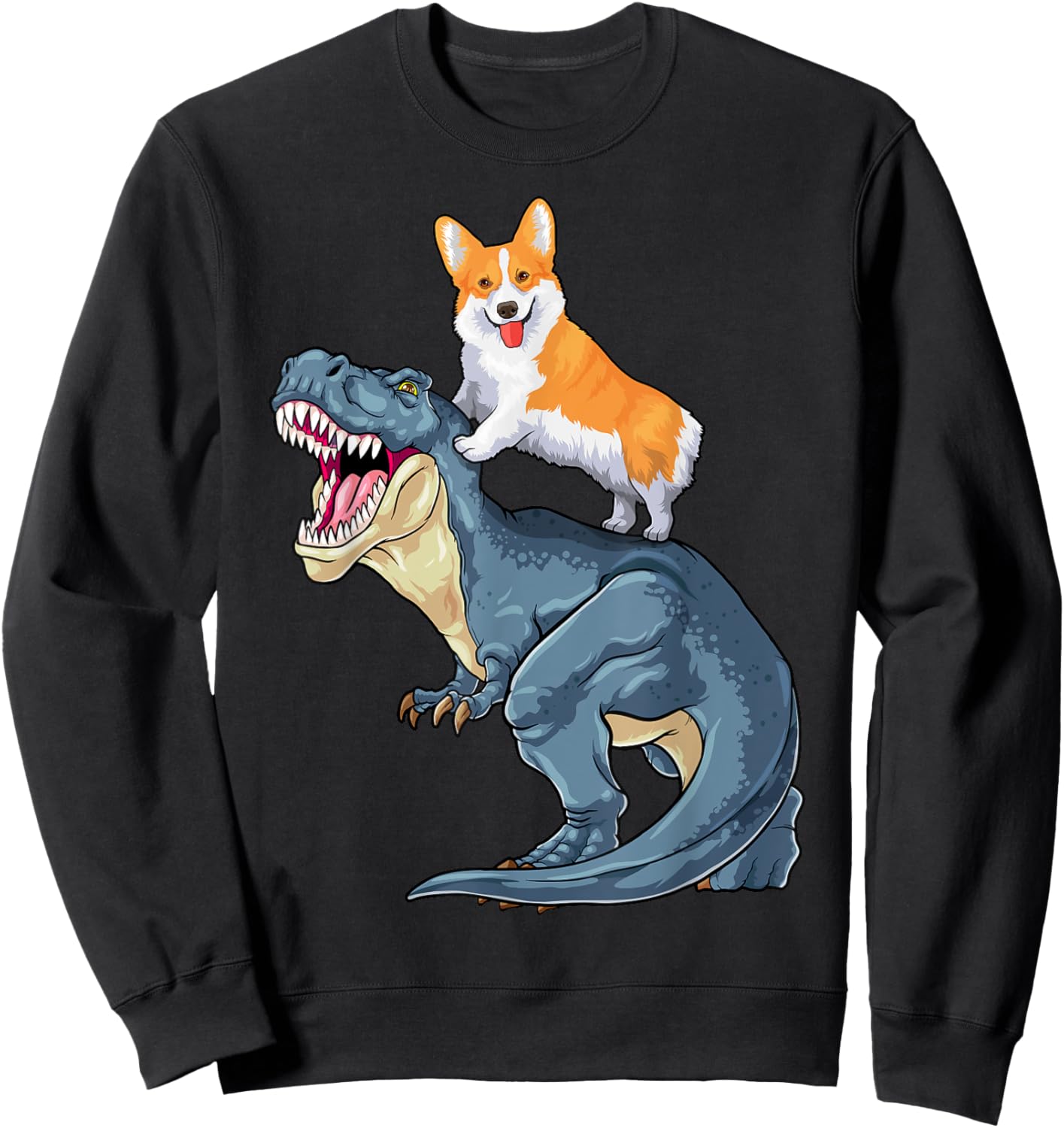 Corgi Riding Dinosaur T Rex Dog Funny Corgi Space Kids Boys Sweatshirt - Sweatshirt | Black