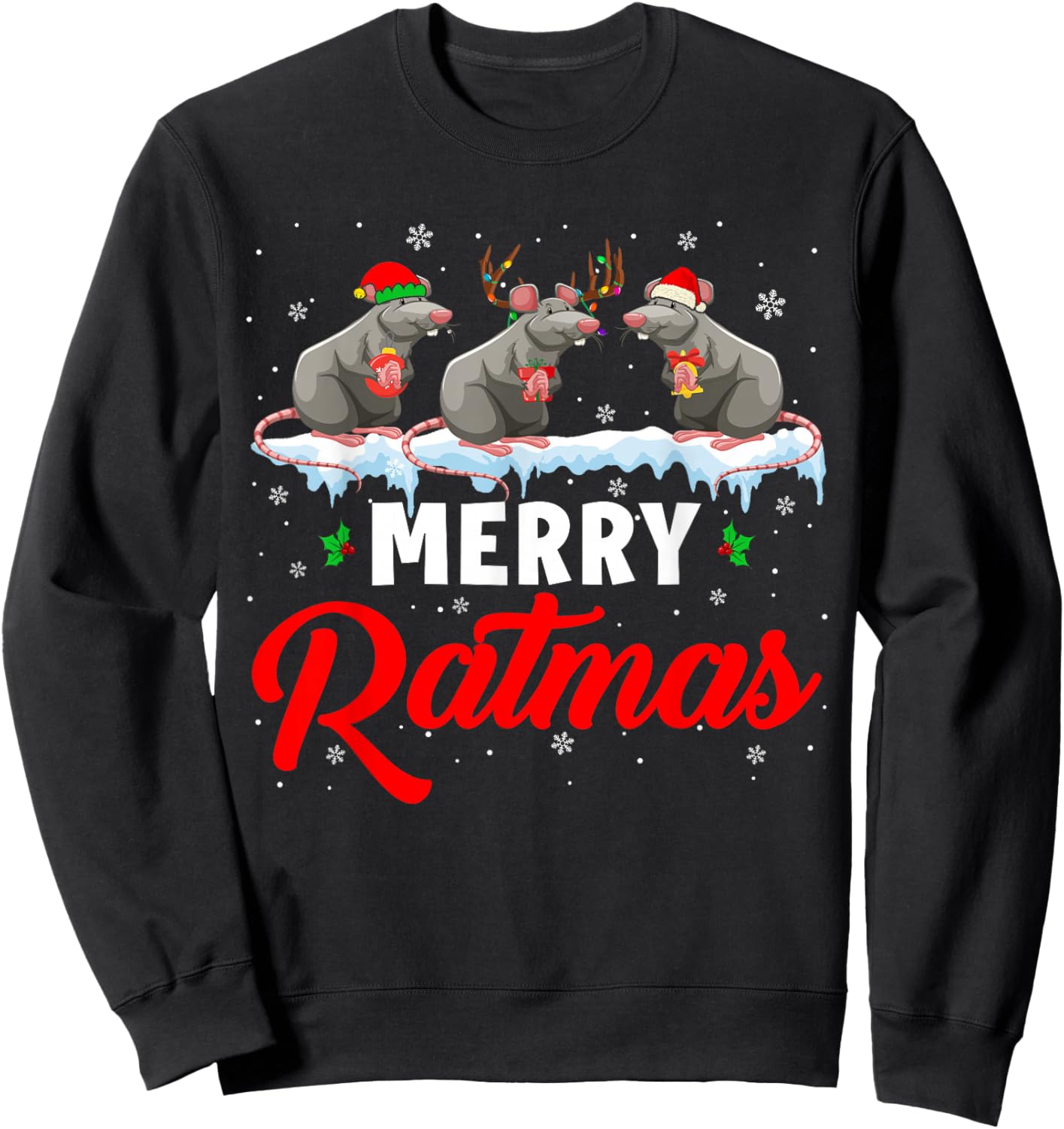 Merry Ratmas Funny Santa ELF Reindeer Rat Christmas Light Sweatshirt - Sweatshirt | Black