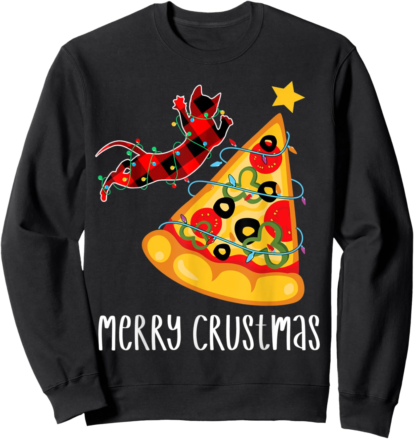 Merry Crustmas Pizza ,Holiday Cat Pizza Christmas Tree Sweatshirt - Sweatshirt | Black