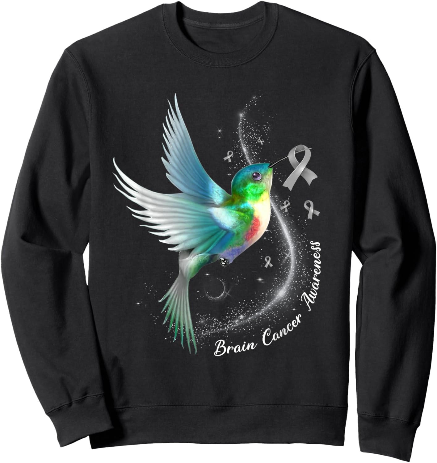 Grey Ribbon Hummingbird Brain Cancer Awareness Month Sweatshirt - Sweatshirt | Black