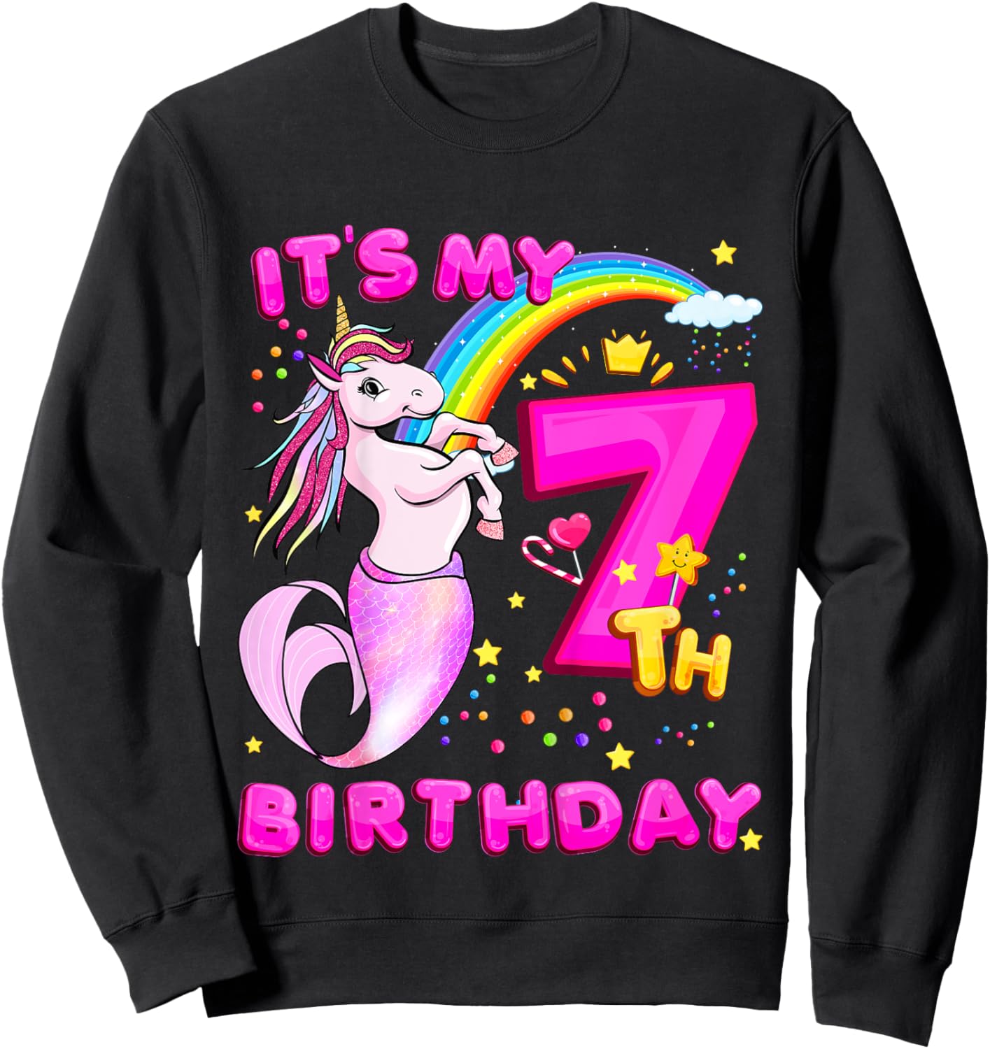 7th Birthday Unicorn Mermaid Girls 7 Years Old Mermicorn Sweatshirt - Sweatshirt | Black