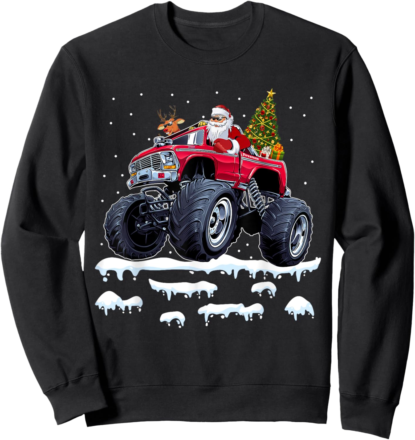 Reindeer Santa Riding Monster Truck Christmas Tree Men Boy Sweatshirt - Sweatshirt | Black
