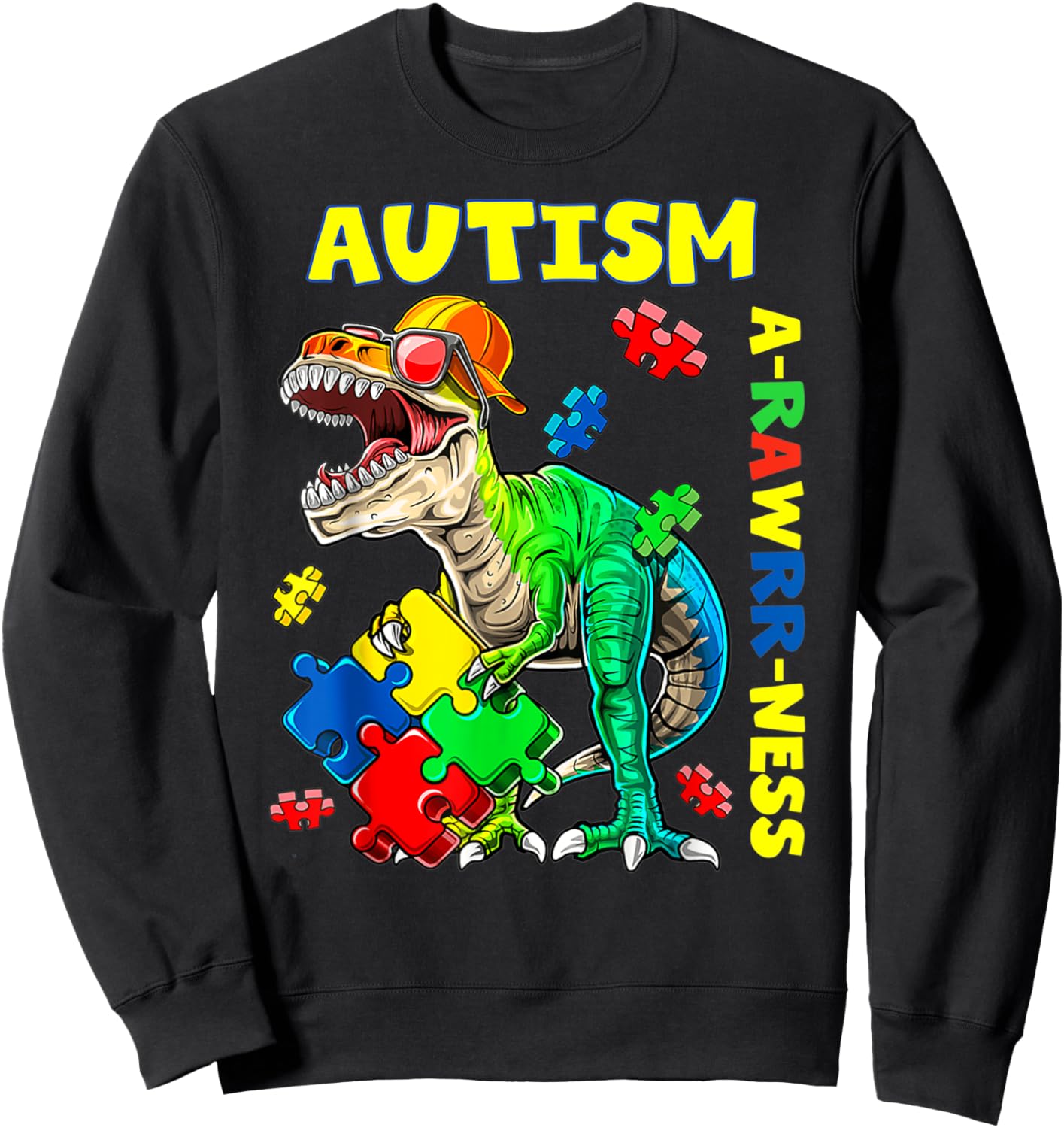 Autism Awareness Dino Autistic Toddler Boys Cute Dinosaur Sweatshirt - Sweatshirt | Black