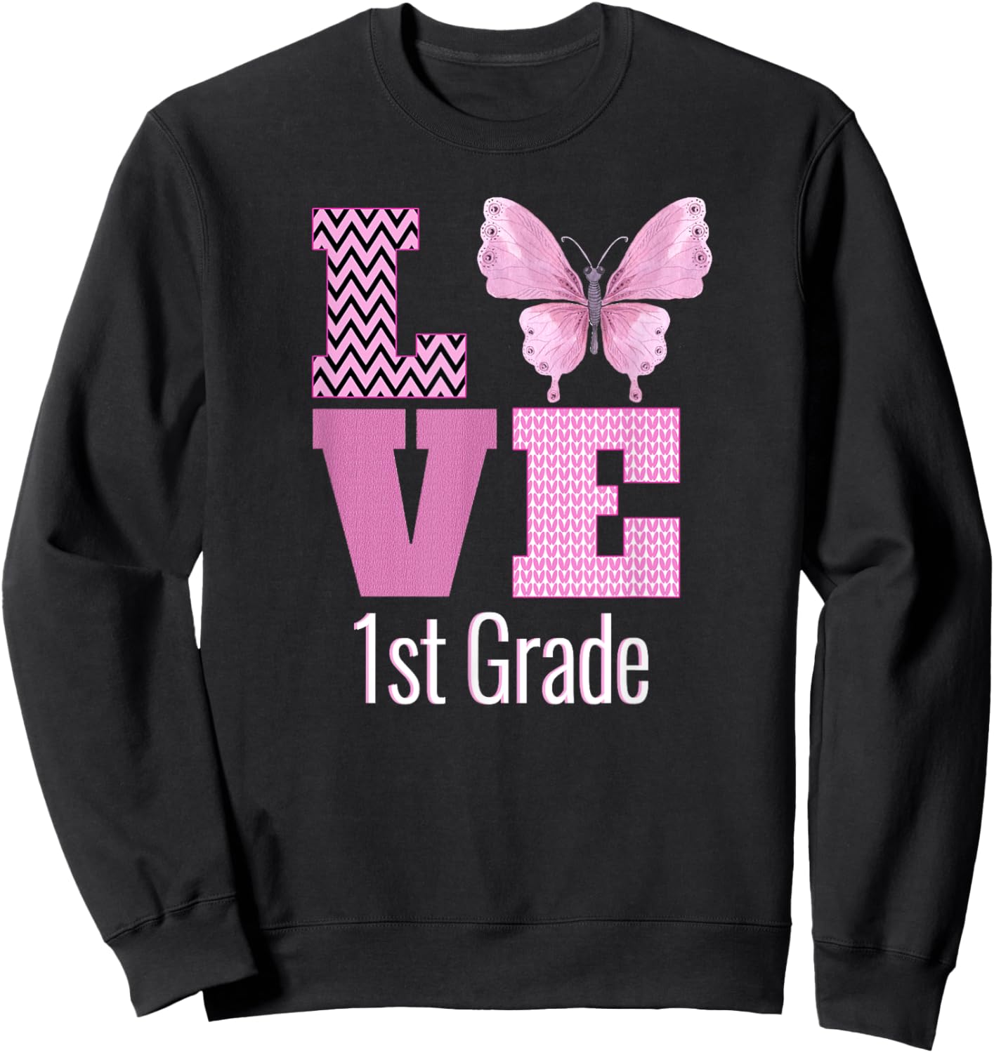 Love 1st Grade Purple Butterfly First Grade Teacher Sweatshirt - Sweatshirt | Black