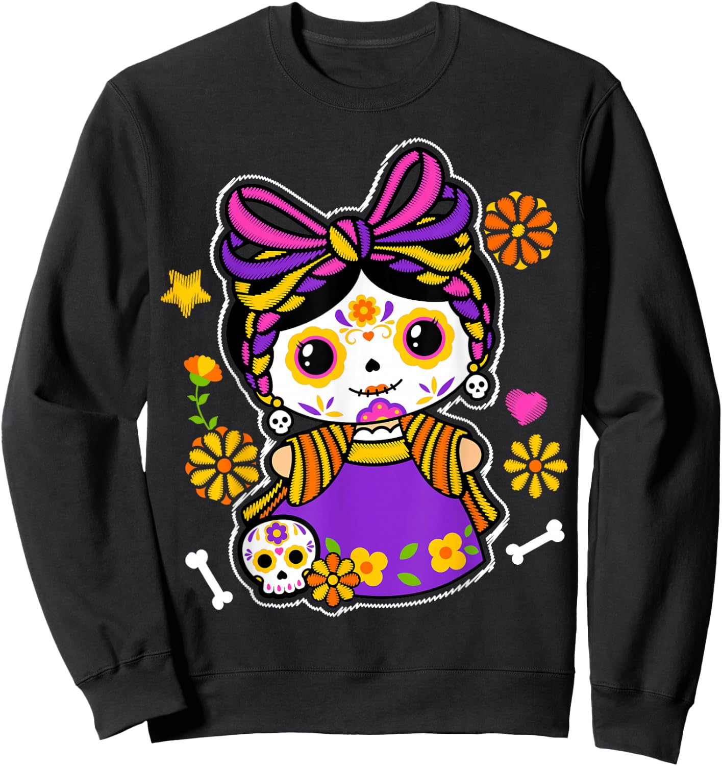 Catrina Floral Sugar Skull Mexican Roses Flowers Skeleton Sweatshirt - Sweatshirt | Black
