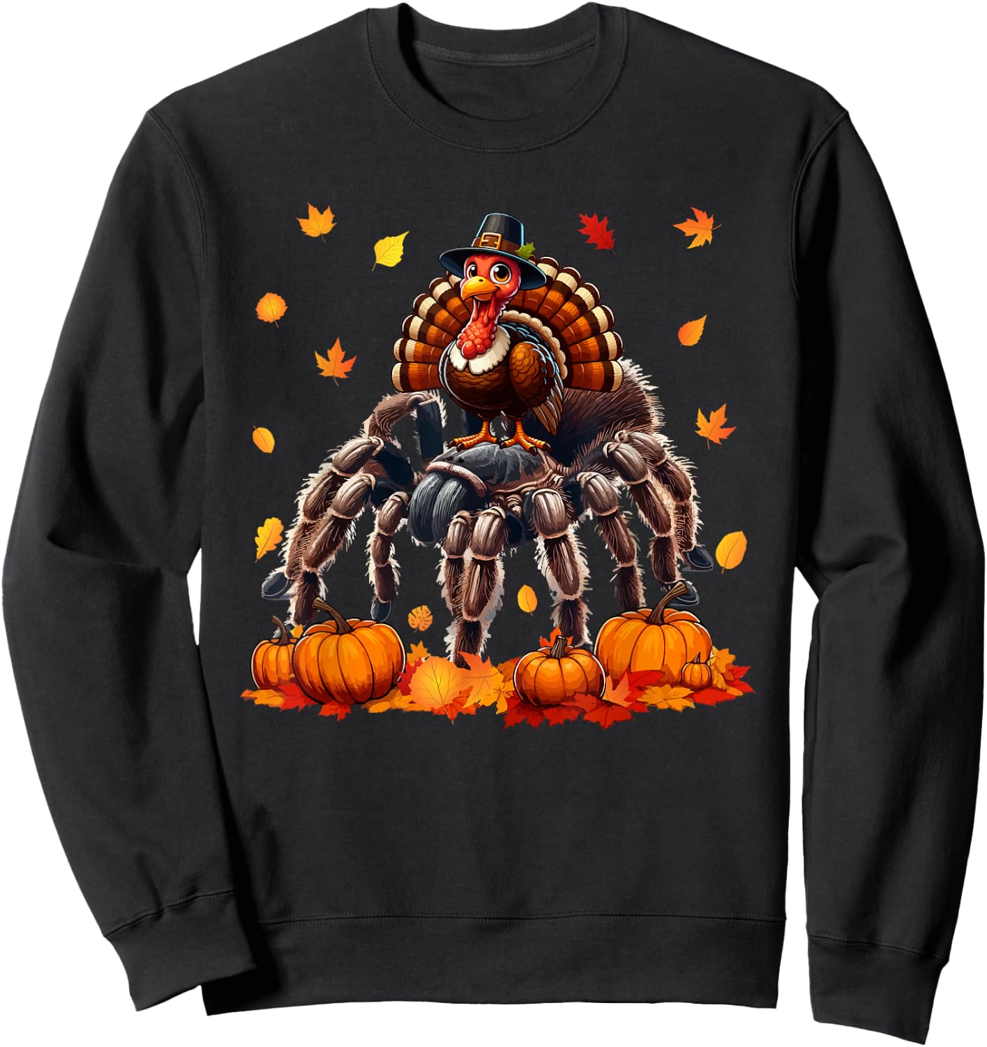 Turkey Riding Tarantula Thanksgiving Fall Leaves Pumpkins Sweatshirt - Sweatshirt | Black