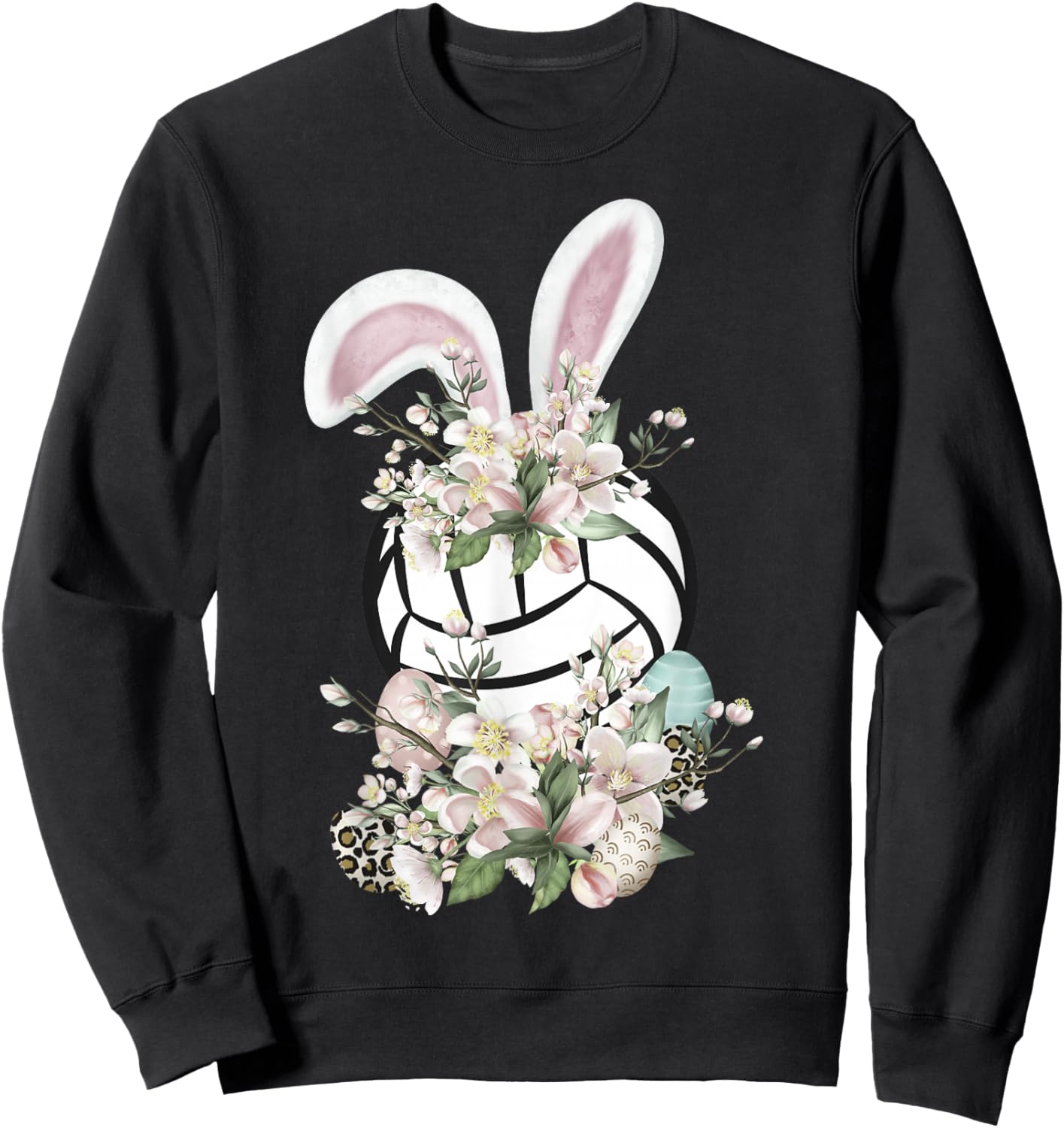 Funny Easter Volleyball Bunny Ears Spring Flowers Easter Egg Sweatshirt - Sweatshirt | Black