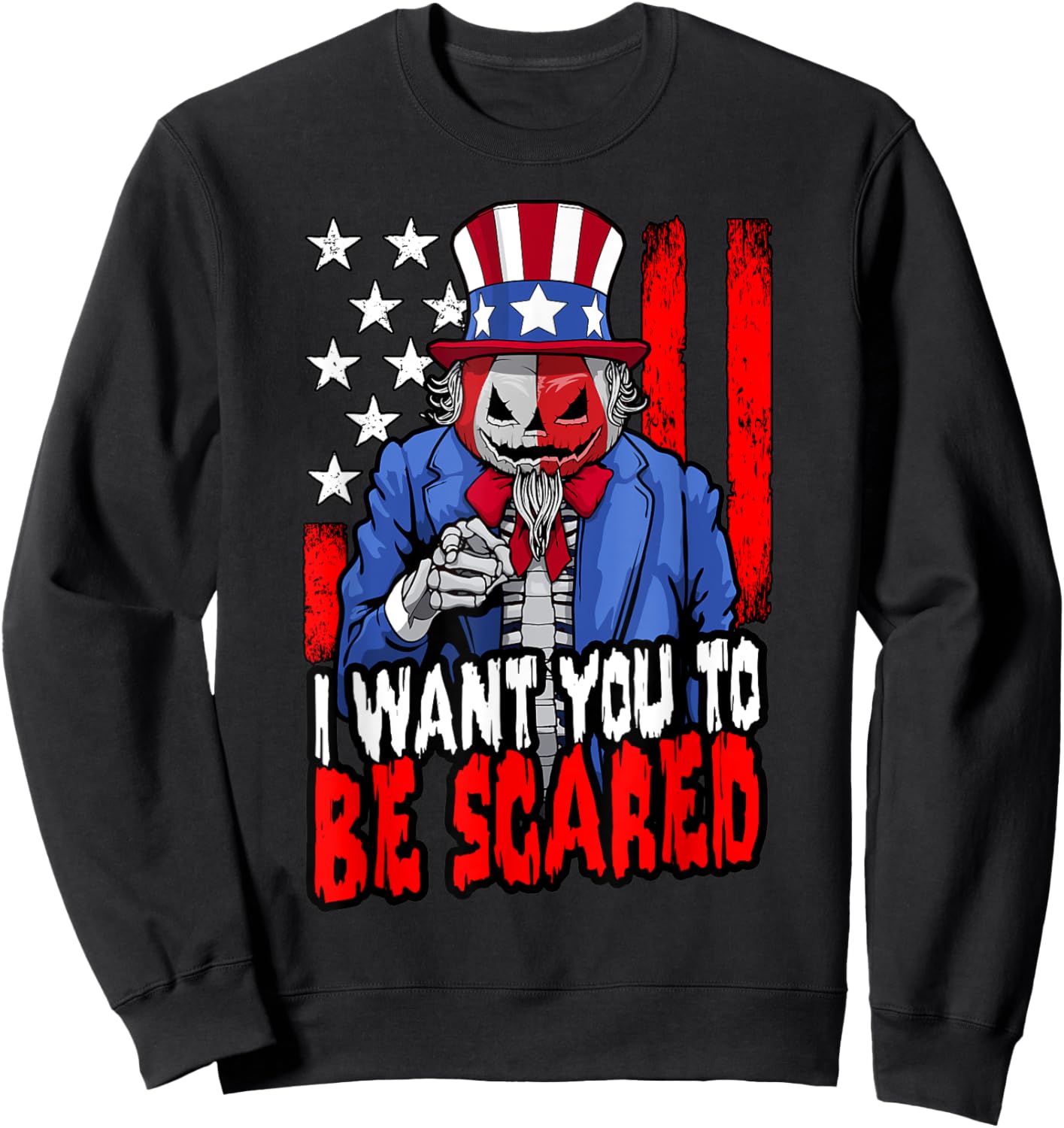 Patriotic Halloween Zombie Uncle Sam Pumpkin Scared USA Flag Sweatshirt - Sweatshirt | Black