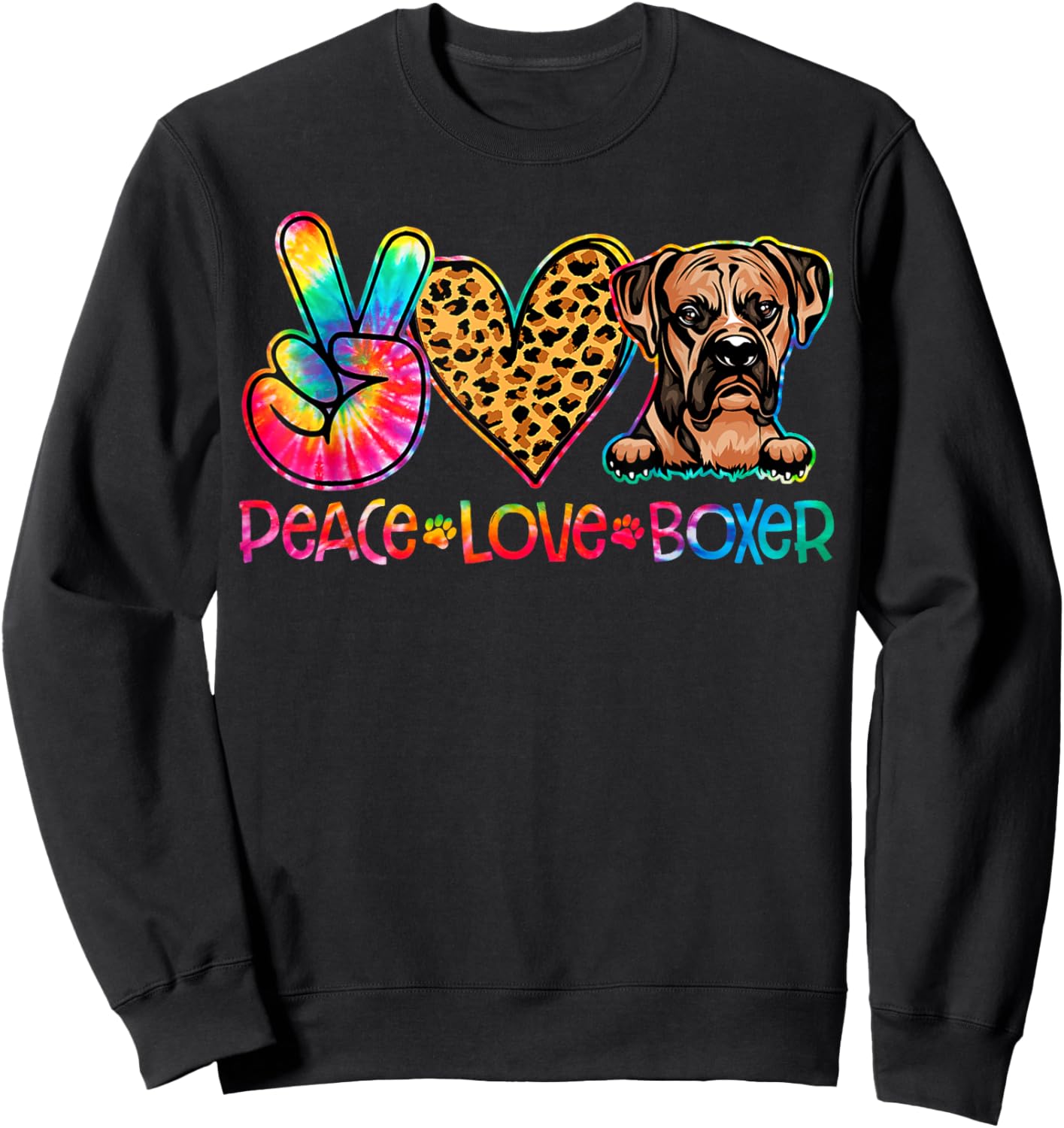 Peace Love Boxer Tie Dye Dog Lover Women Girls Kids Sweatshirt - Sweatshirt | Black