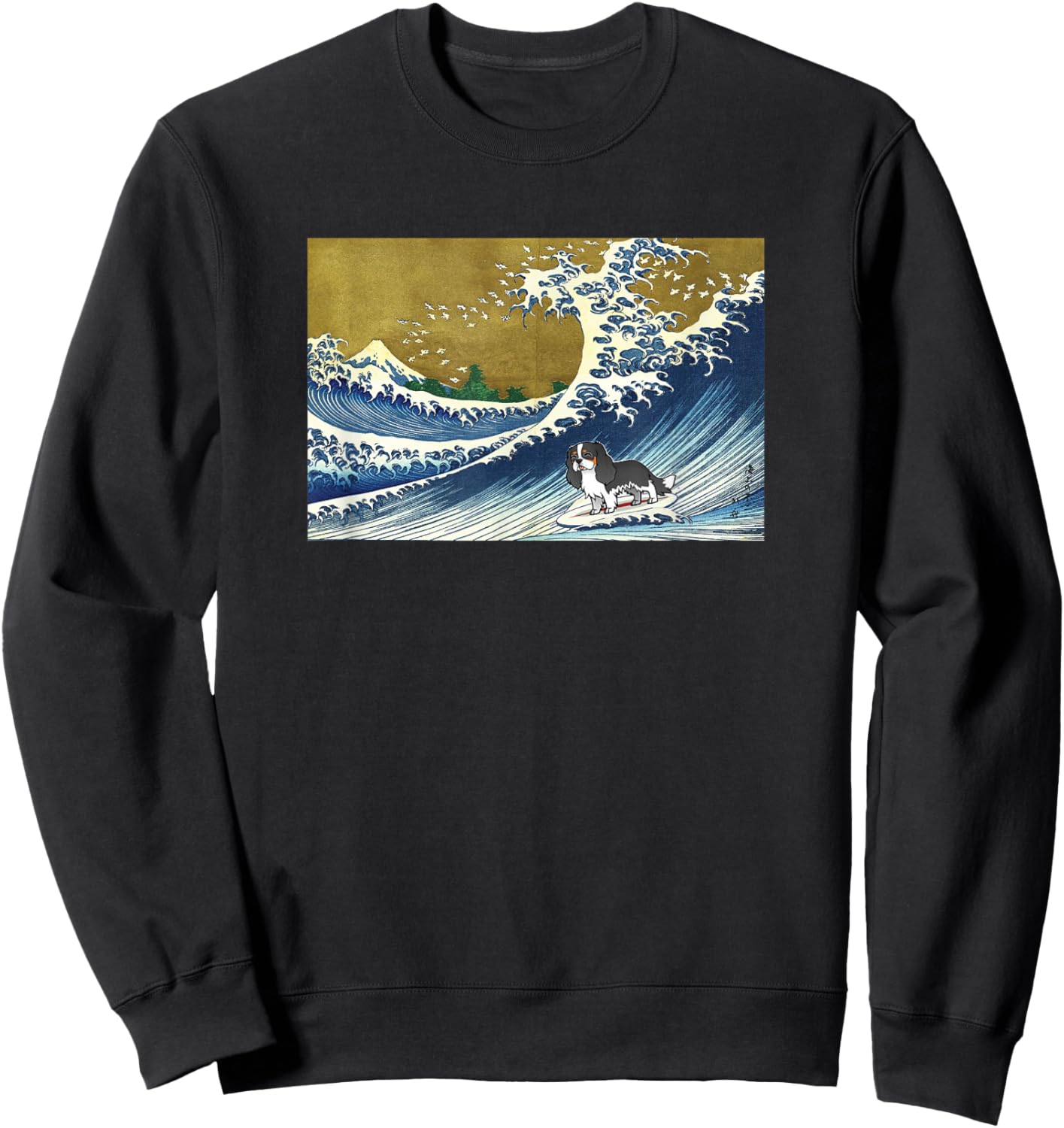 Funny Surfing A Great Great Wave Tricolor Cavalier Dog Lover Sweatshirt - Sweatshirt | Black