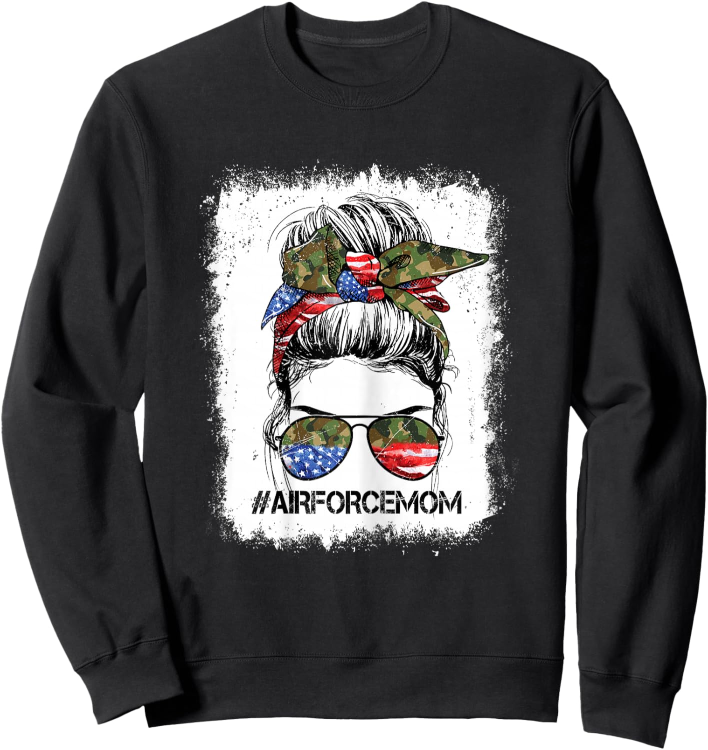 All American Airforce Mom Messy Bun US Flag 4th of July Sweatshirt - Sweatshirt | Black