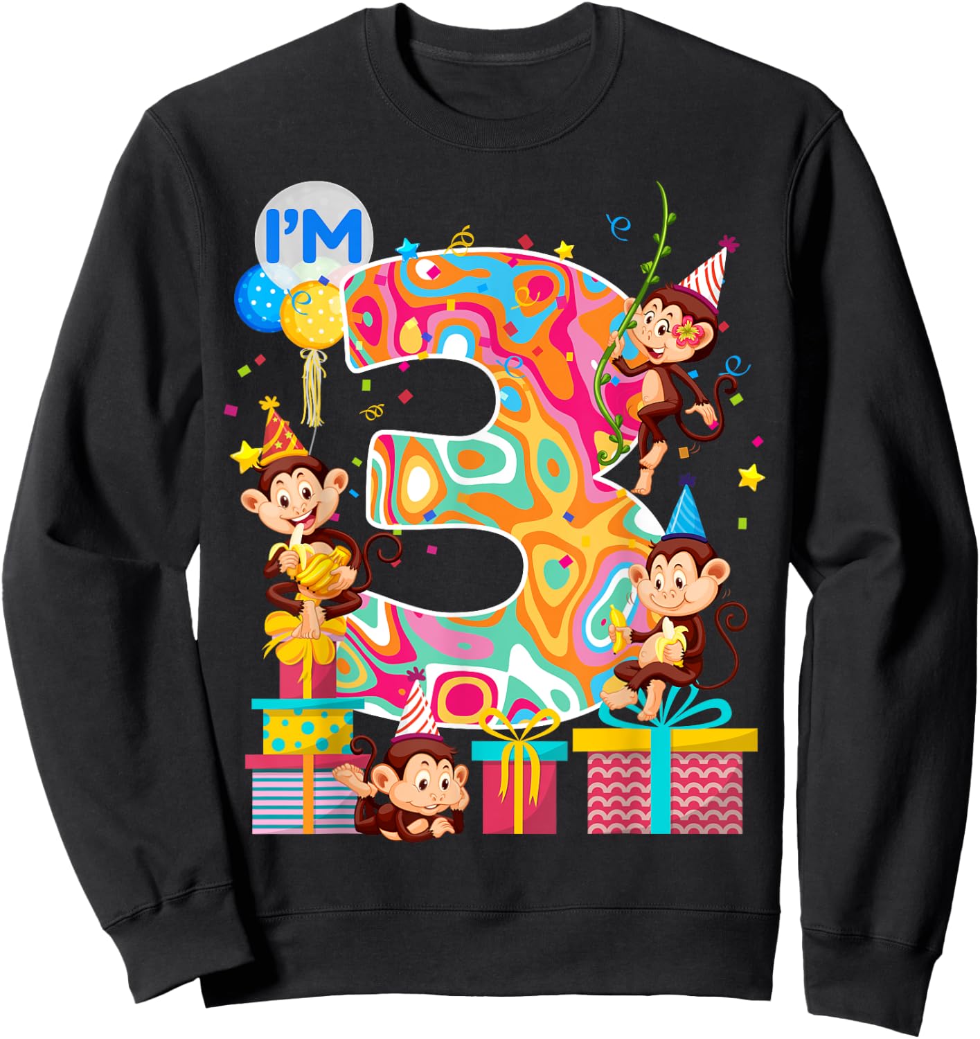 3rd B-Day Monkey Birthday Zoo Animal 3 Year Old Funny Sweatshirt - Sweatshirt | Black