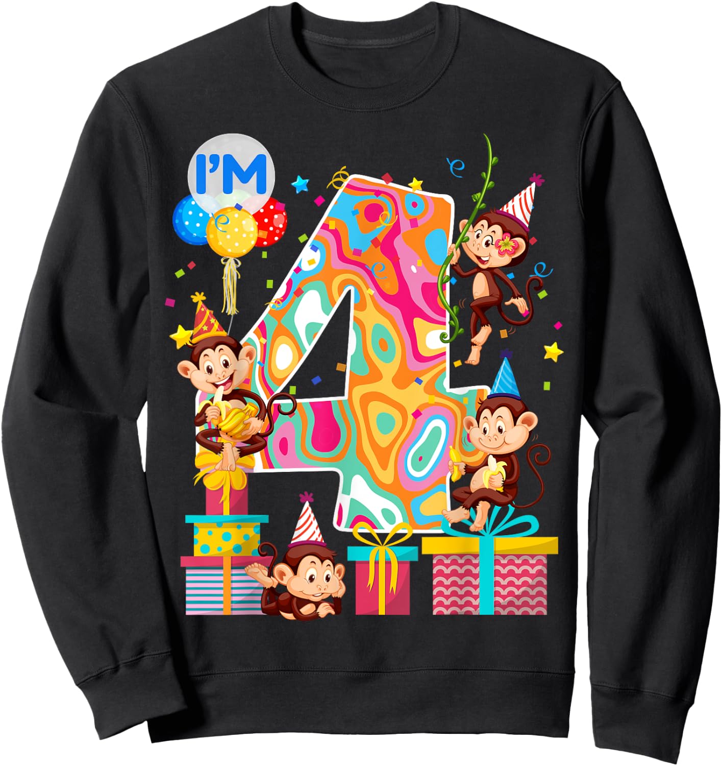 4th B-Day Monkey Birthday Zoo Animal 4 Year Old Funny Sweatshirt - Sweatshirt | Black