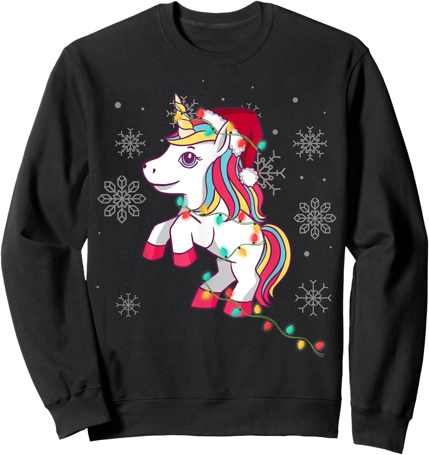 Cute Unicorn Christmas Lights for Girls and Women Christmas Sweatshirt - Sweatshirt | Black