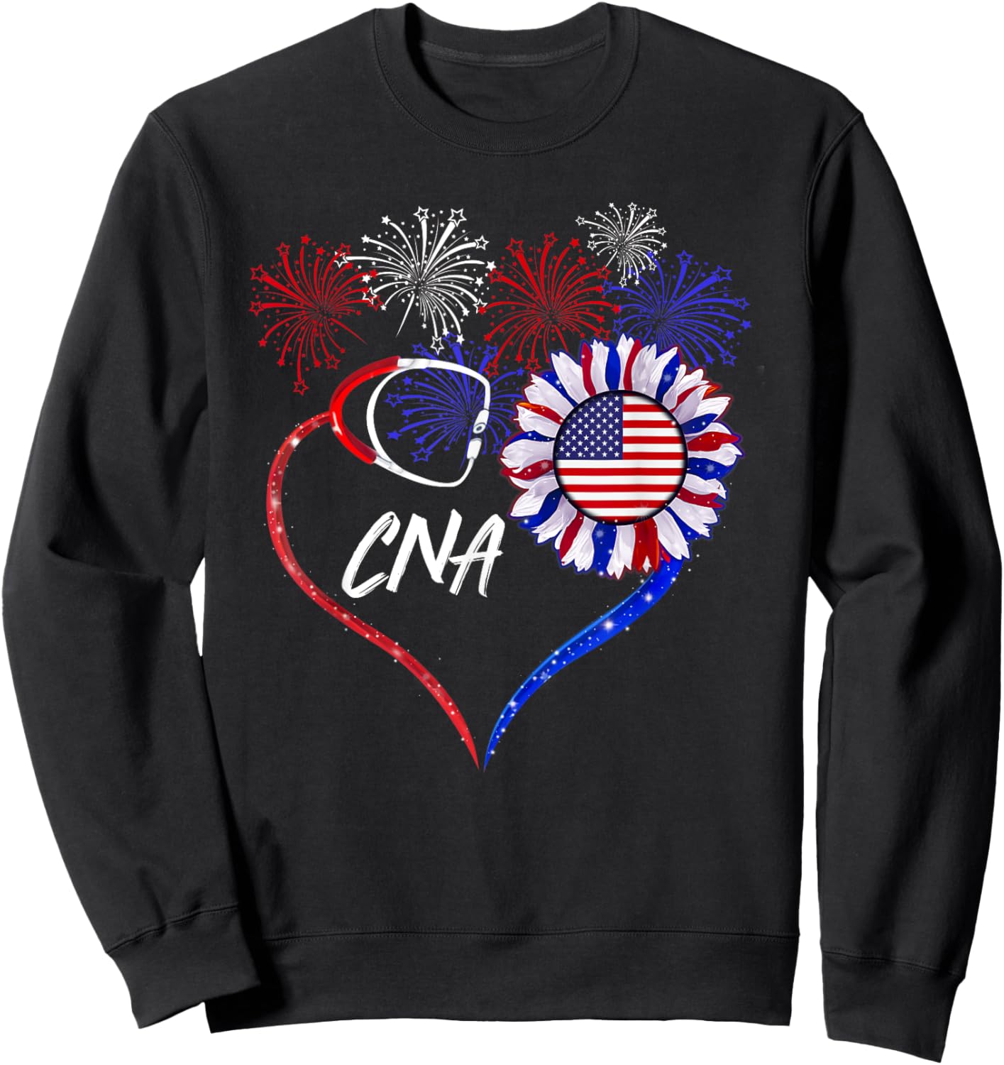 Patriotic Nurse CNA 4th Of July American Flag Sunflower Love Women Men Sweatshirt - Sweatshirt | Black