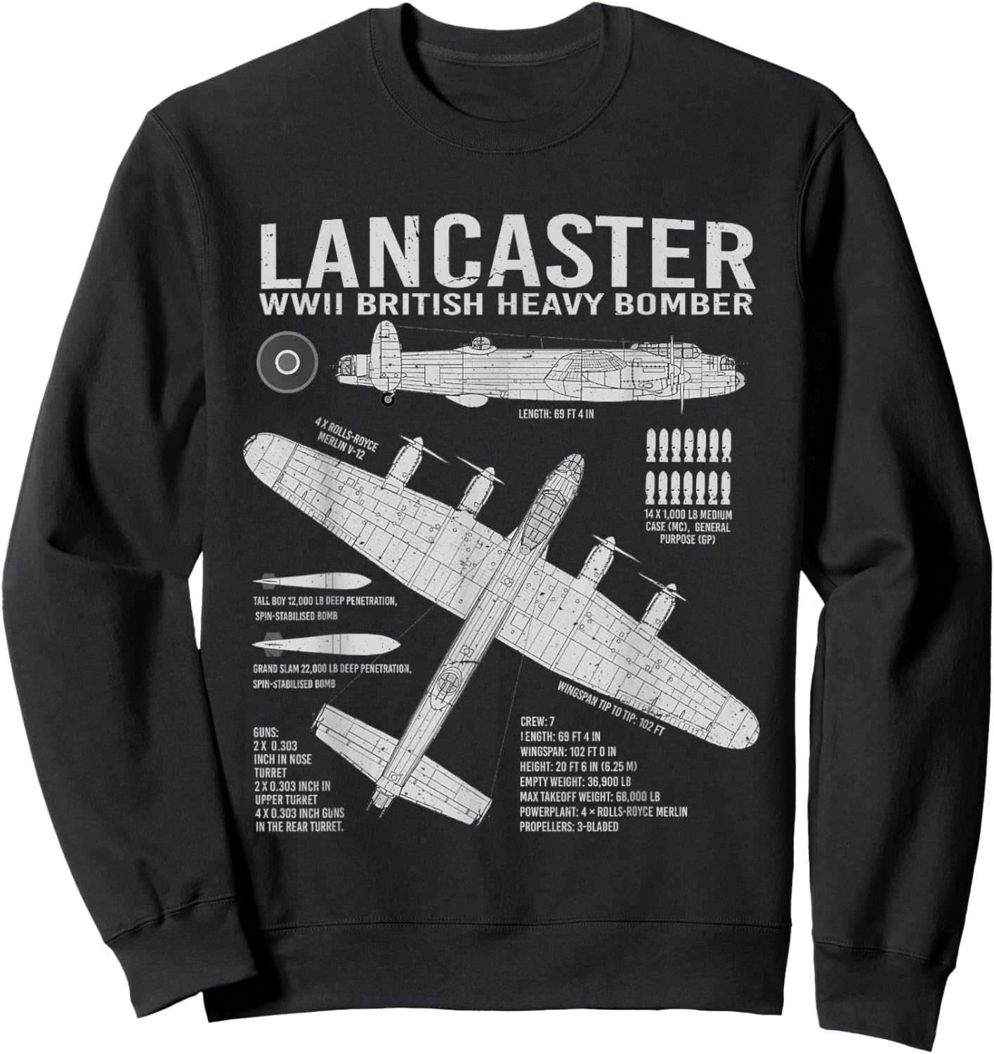 RAF Lancaster Bomber British Aircraft War Tarpaulin Blue Print Sweatshirt - Sweatshirt | Black