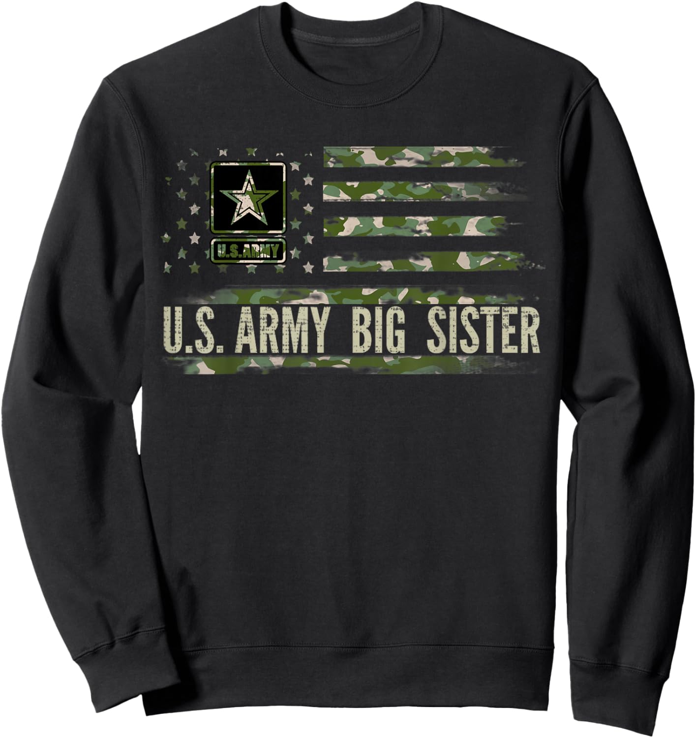 Vintage U.S Army Big Sister With Camo American Flag Veteran Women Kids Men Sweatshirt - Sweatshirt | Black