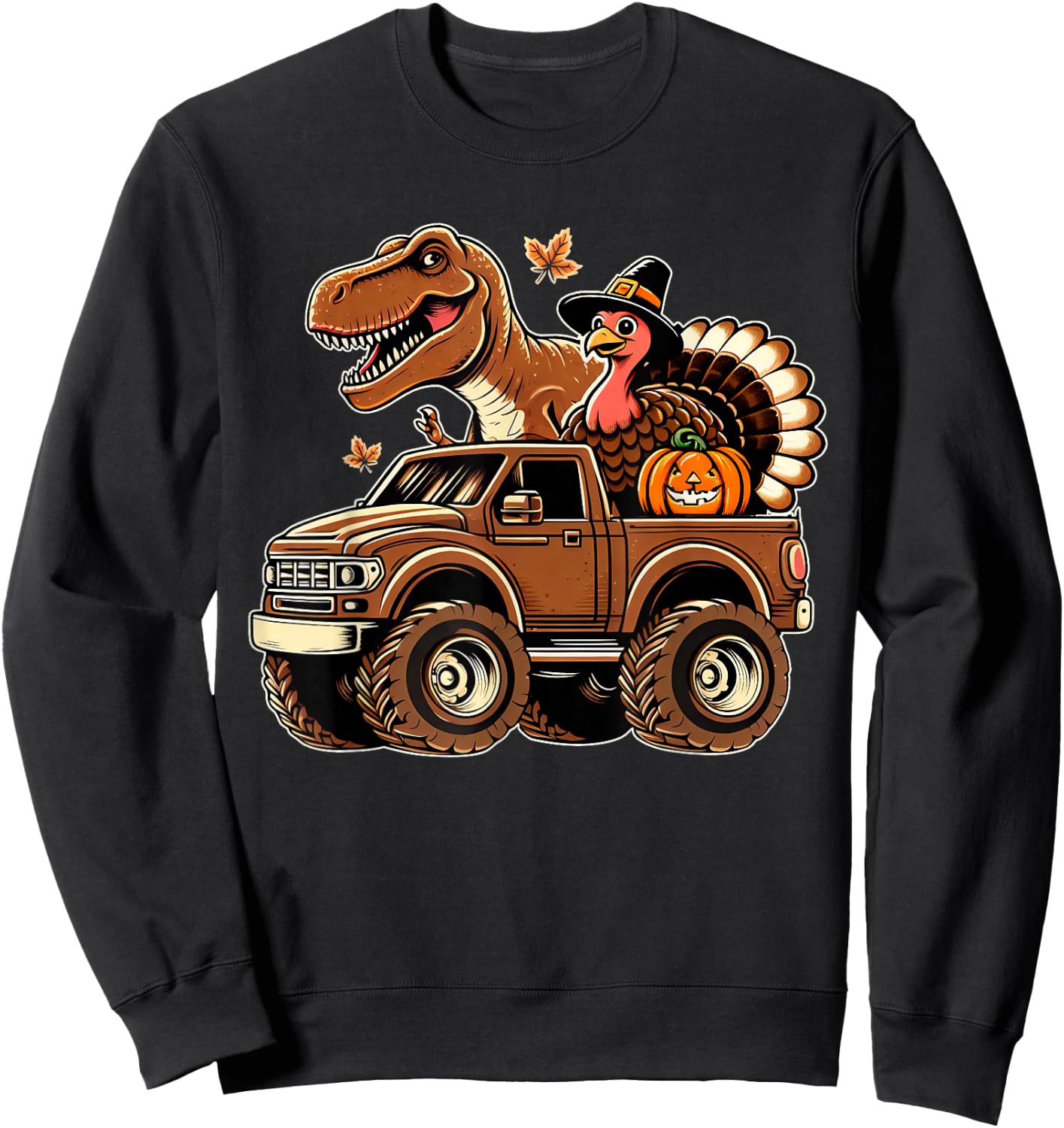 Happy Thanksgiving Dinosaur Turkey Riding Truck Kids Boys Sweatshirt - Sweatshirt | Black