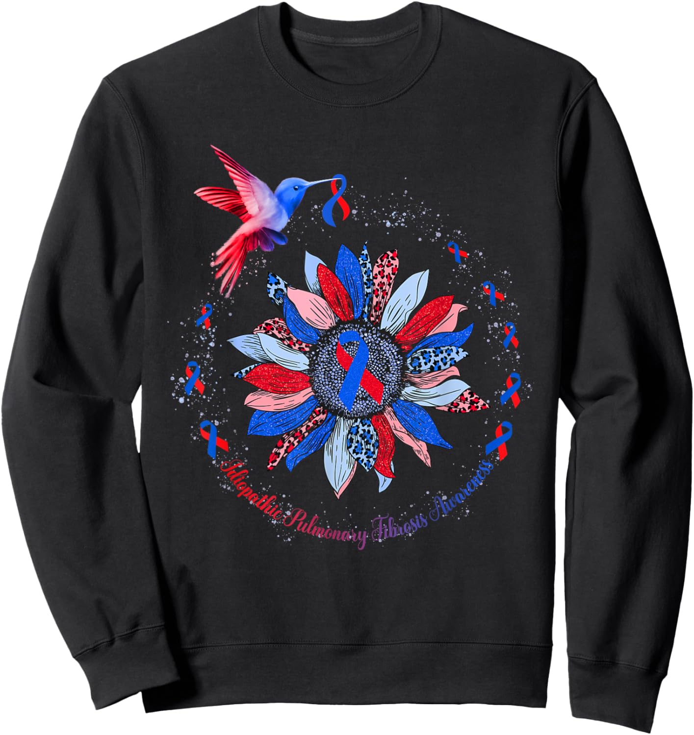 Sunflower Hummingbird Red Blue Ribbon Idiopathic Pulmonary Sweatshirt - Sweatshirt | Black