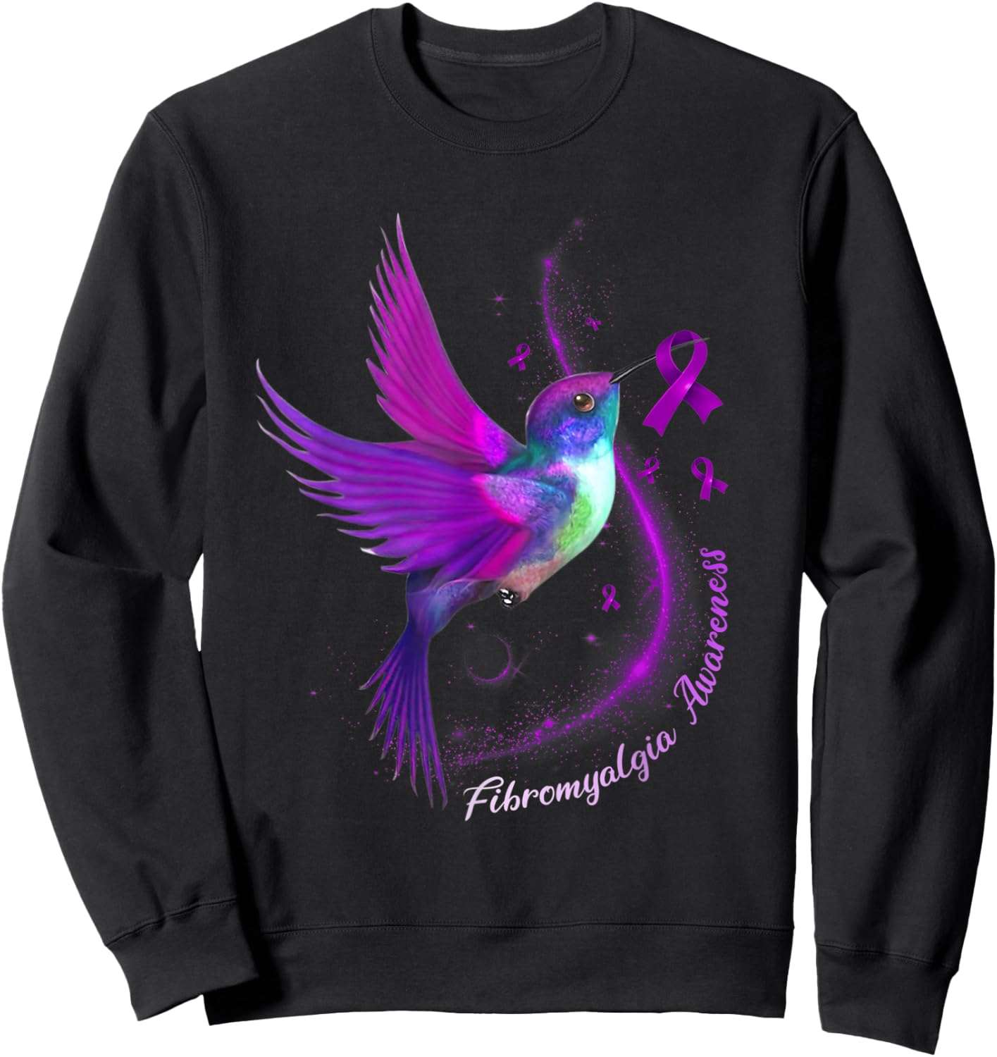 Purple Ribbon Hummingbird Fibromyalgia Awareness Month Sweatshirt - Sweatshirt | Black