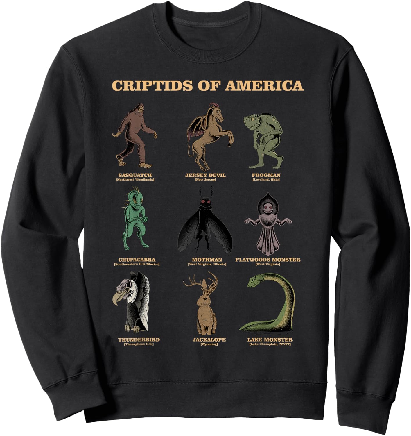 Cryptid Shirt Monster of America Educational Cryptozoology Sweatshirt - Sweatshirt | Black