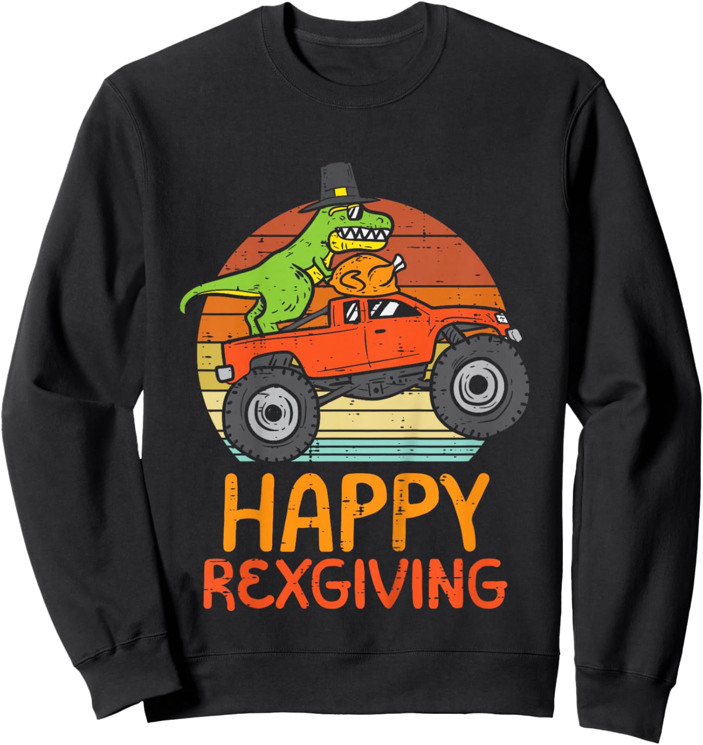 Kids Trex Monster Truck Happy Rexgiving Thanksgiving Boys Kids Sweatshirt - Sweatshirt | Black