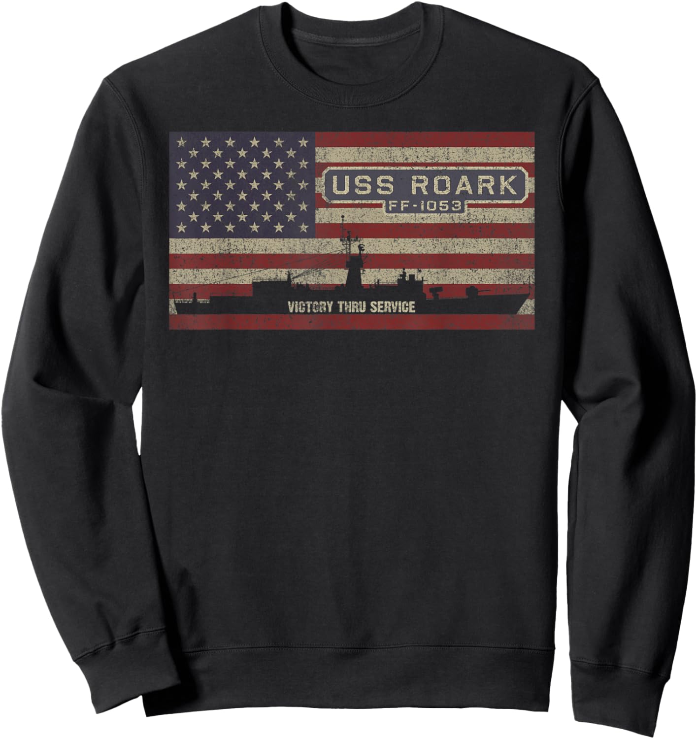 USS Roark FF-1053 Ship American Flag Kids Men Sweatshirt - Sweatshirt | Black