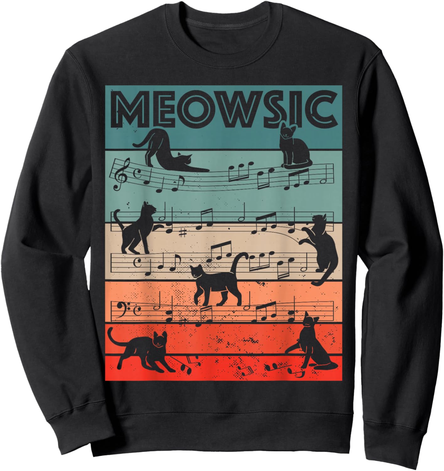 Meowsic Retro Cat Music Notes Musician Pet Lover Design Sweatshirt - Sweatshirt | Black