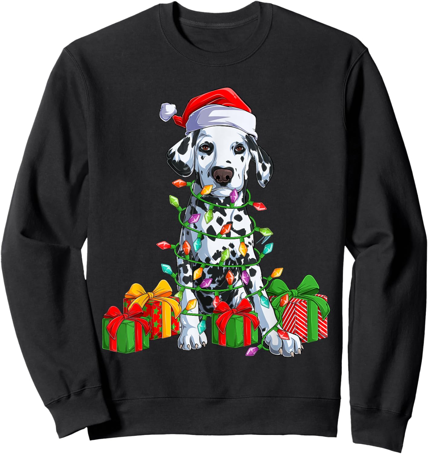 Christmas Dalmatian Christmas Tree Lights & Santa Hat Xmas Sweatshirt - Sweatshirt | Black
