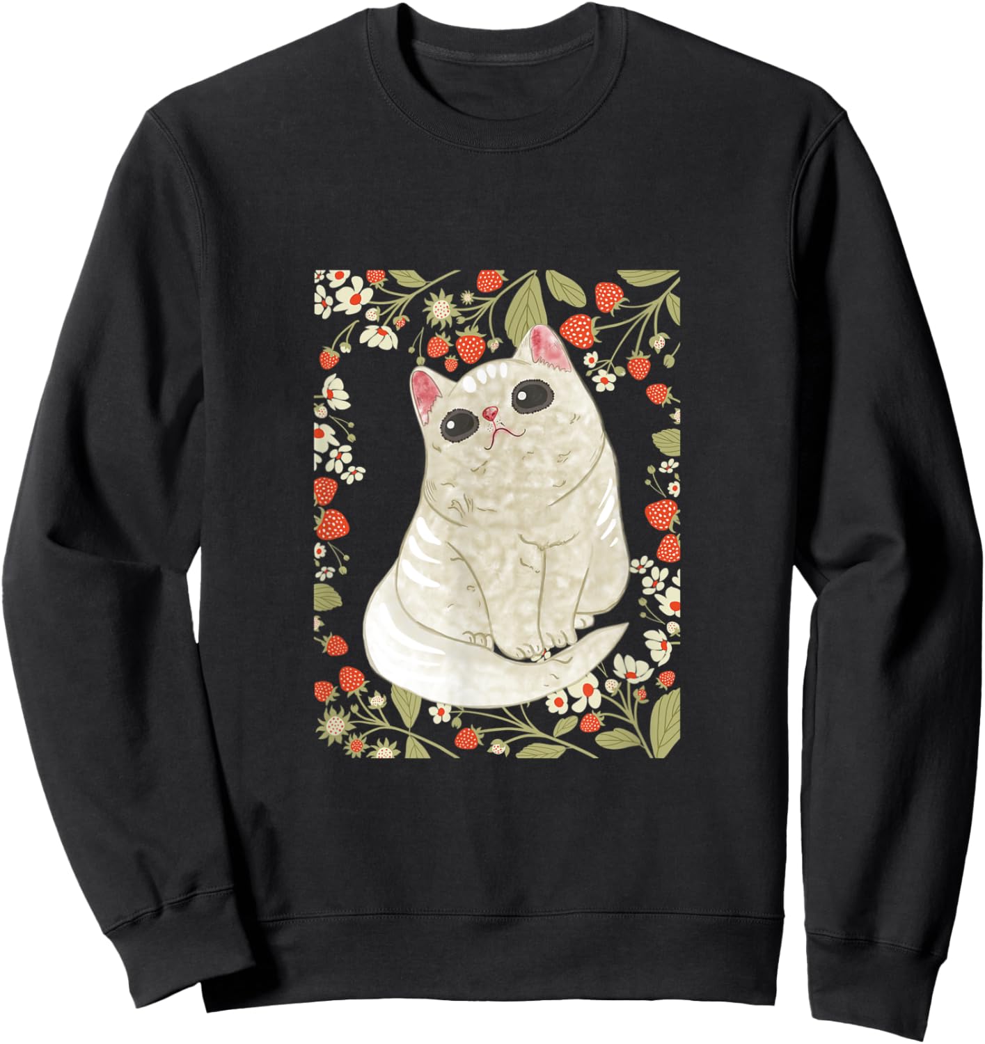 Cute Cat with Strawberry and Flower Sweatshirt - Sweatshirt | Black