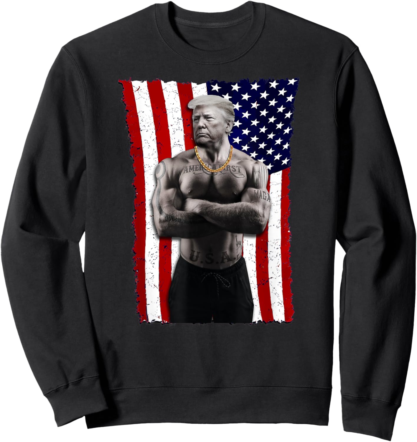 Gangster Pro Donald Trump Tattoo Republican American Flag v4 Sweatshirt - Sweatshirt | Black