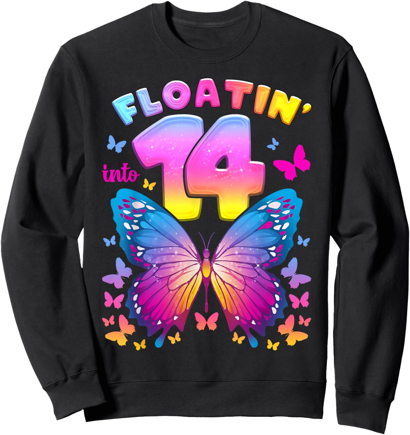 14th Birthday Girl 14 Years Butterfly Number 14 Sweatshirt - Sweatshirt | Black