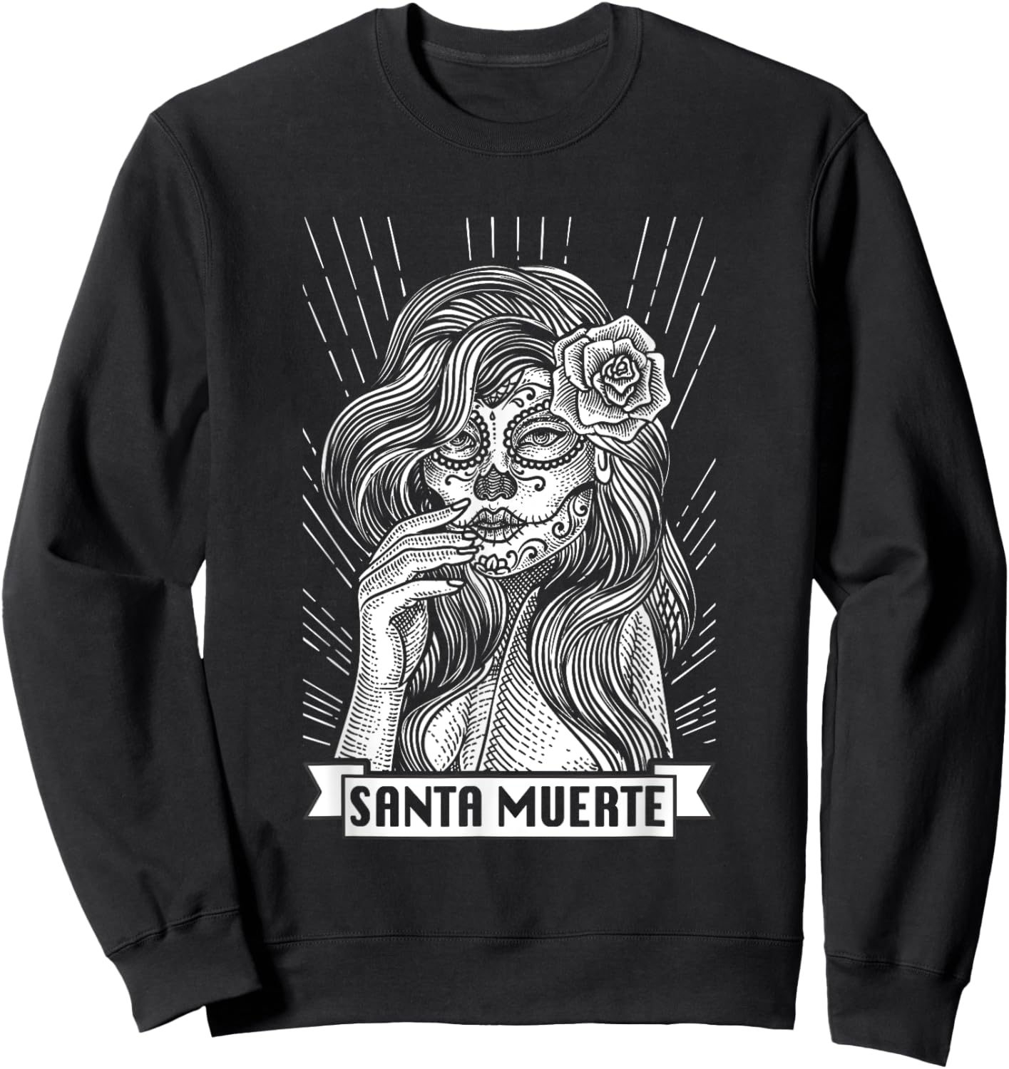 Santa Muerte Female Deity Satanic Mexican Dead Sugar Skull Sweatshirt - Sweatshirt | Black