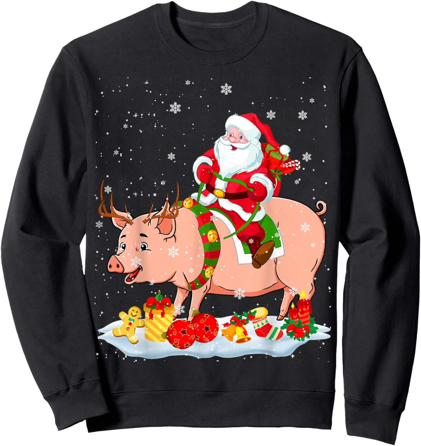 Santa Riding Reindeer Pig Xmas Pig Farmer Lover Sweatshirt - Sweatshirt | Black