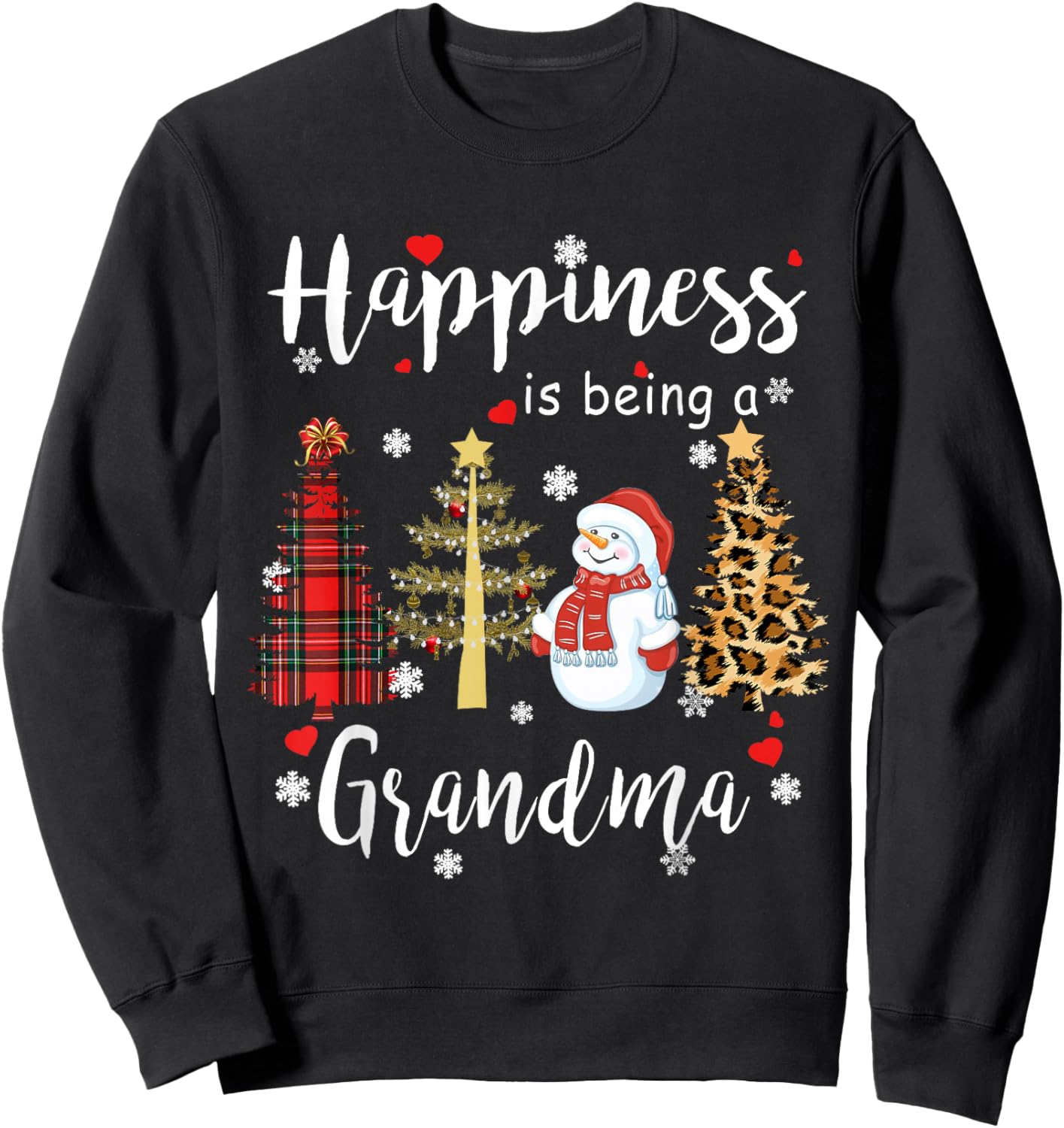 Happiness is being a Grandma Christmas Plaid Tree Snowman Sweatshirt - Sweatshirt | Black