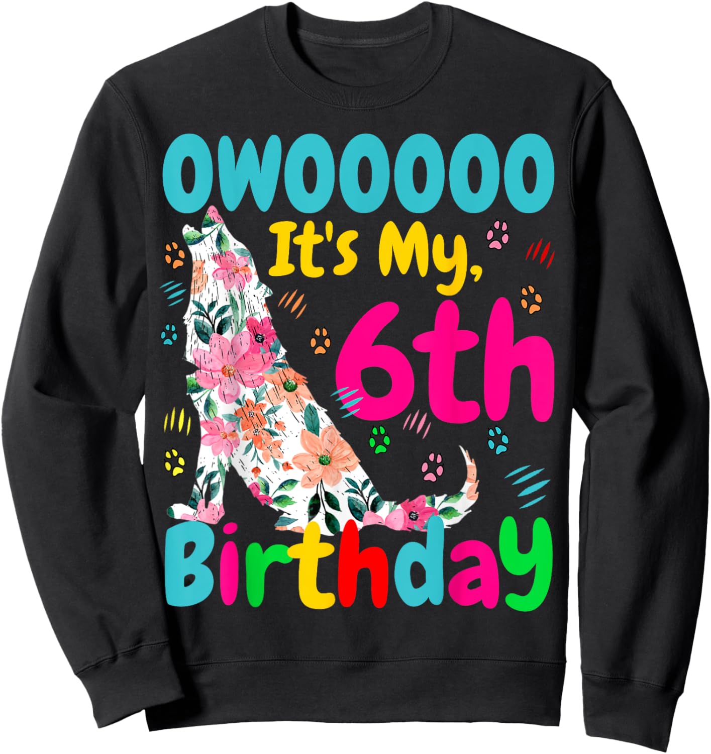 Floral Howling Watercolour Wolf 6th Years Wolves Birthday Sweatshirt - Sweatshirt | Black