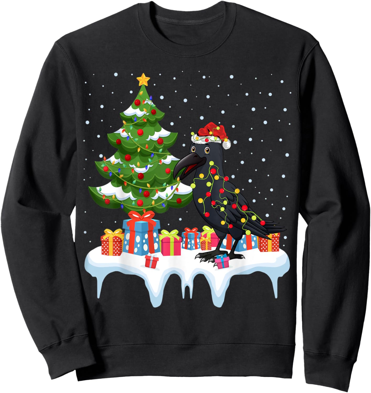 Xmas Lighting Tree Santa Hat Raven Christmas Sweatshirt - Sweatshirt | Black