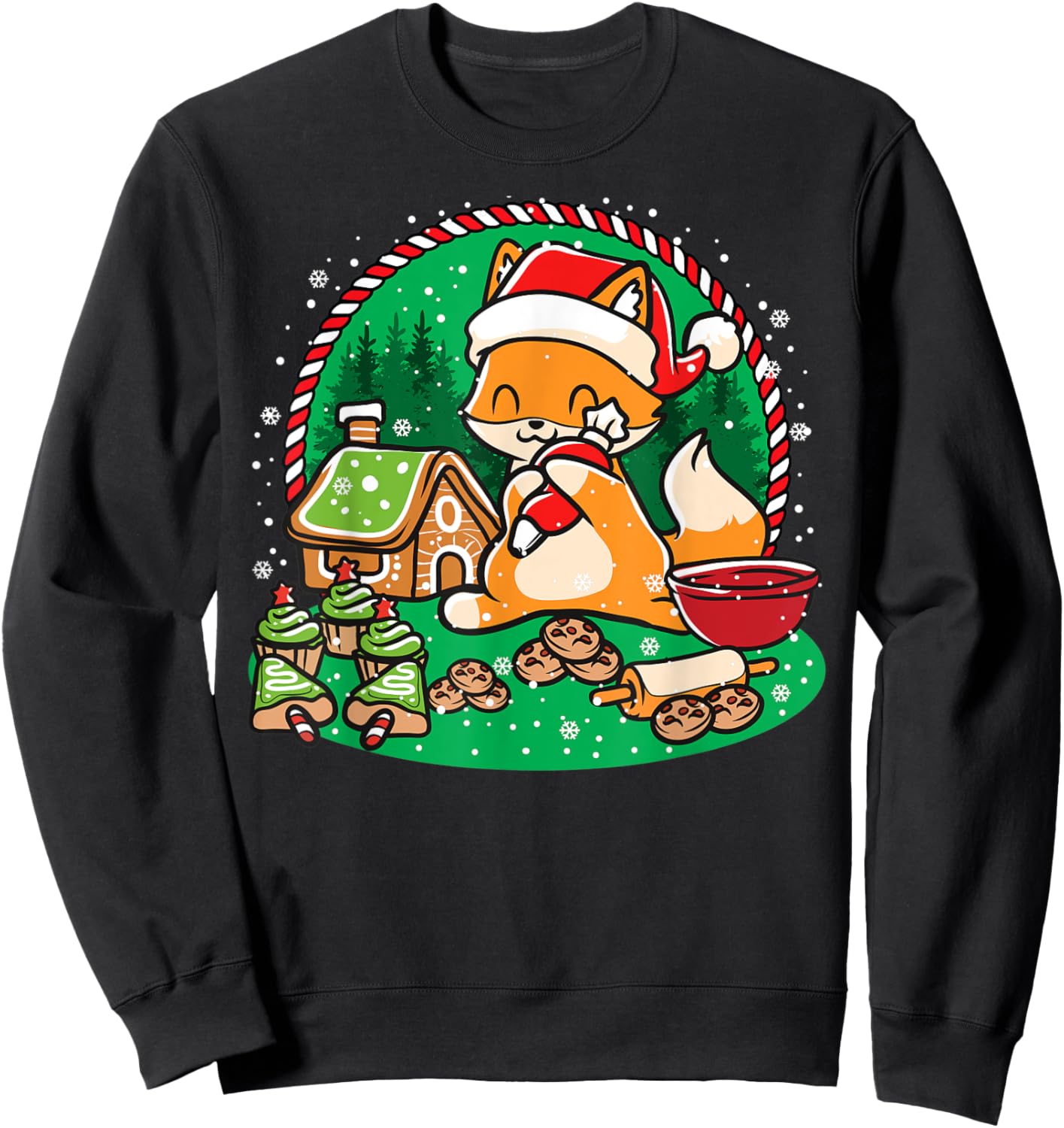 Gingerbread House Xmas Cookie Baking Team Cute Fox Baker Sweatshirt - Sweatshirt | Black
