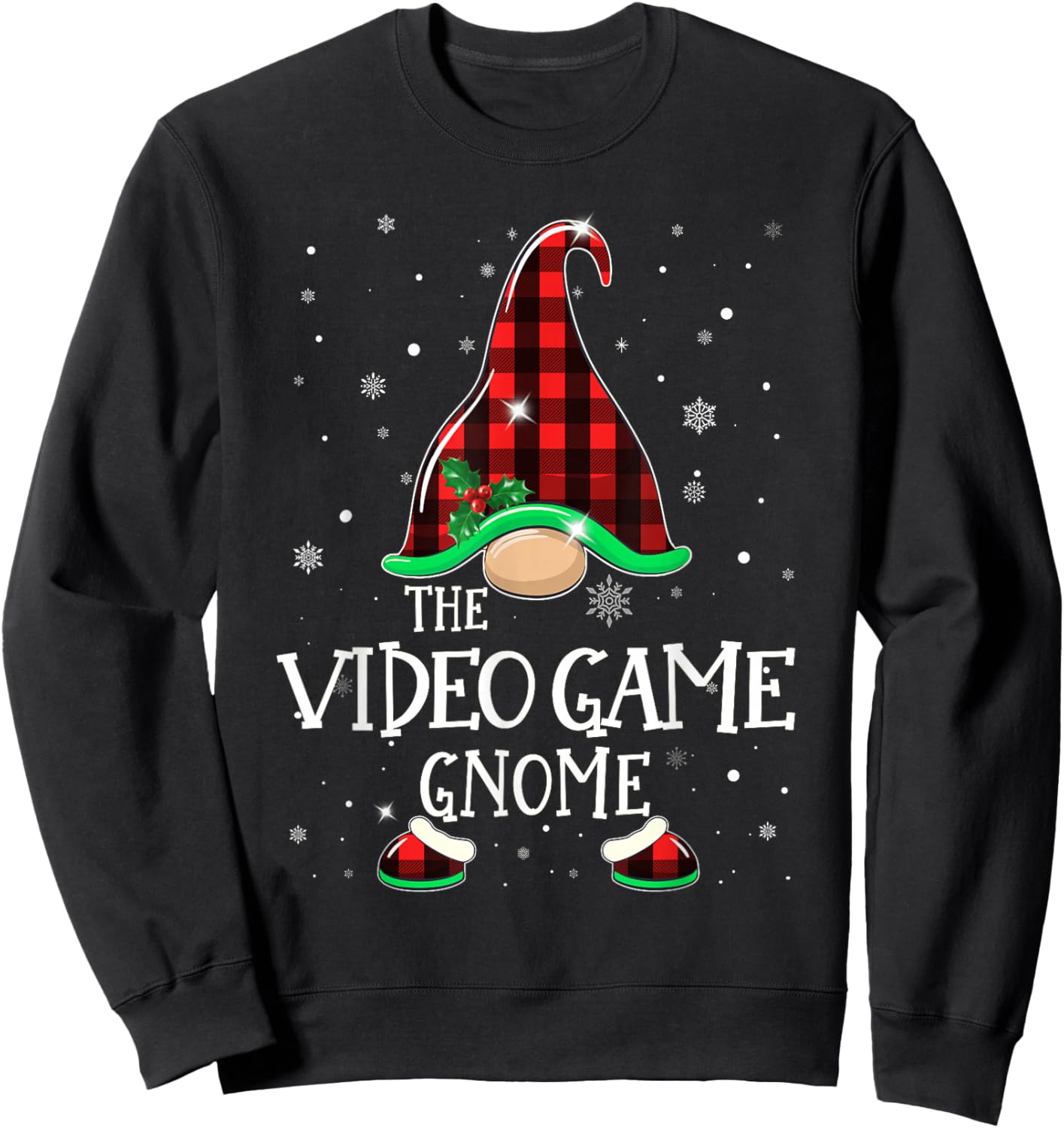 VIDEO GAME Gnome Buffalo Plaid Matching Christmas Pajama Sweatshirt - Sweatshirt | Black